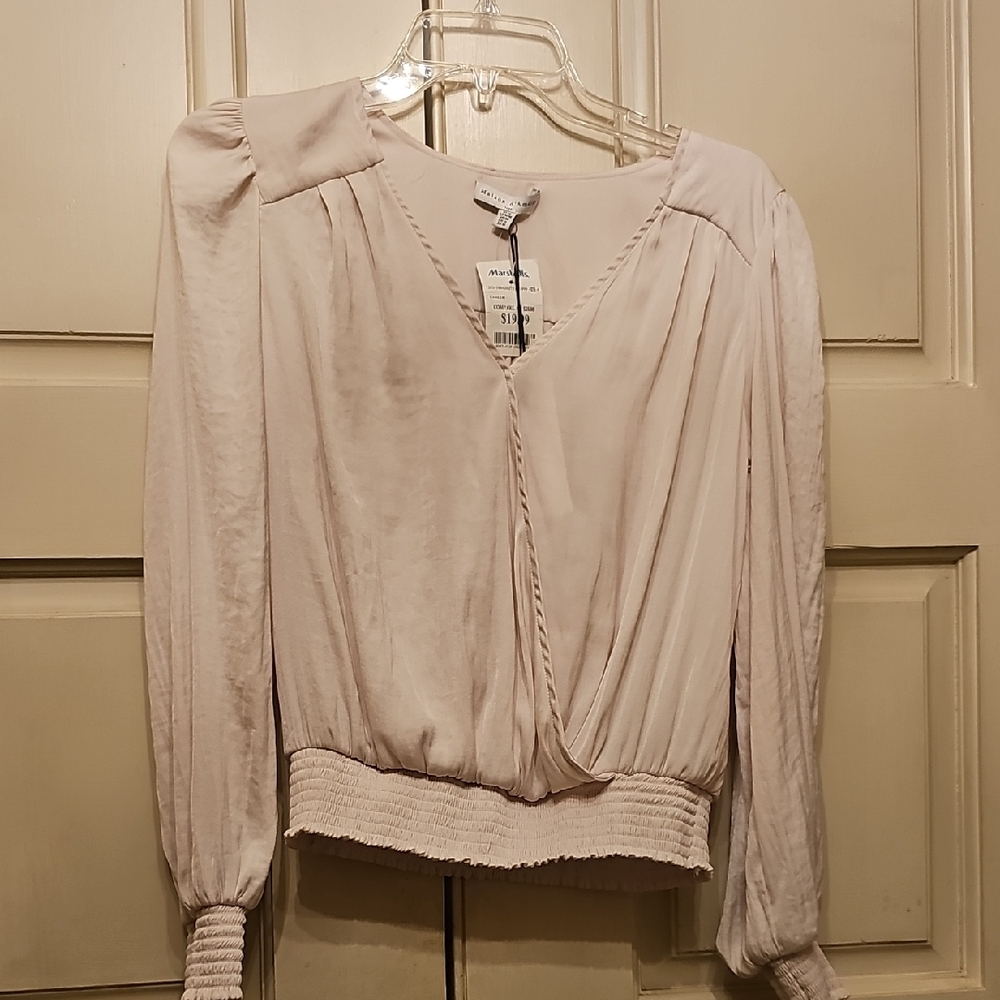 Chic Cream Women's Blouse With Smocked Cuffs And Waistband